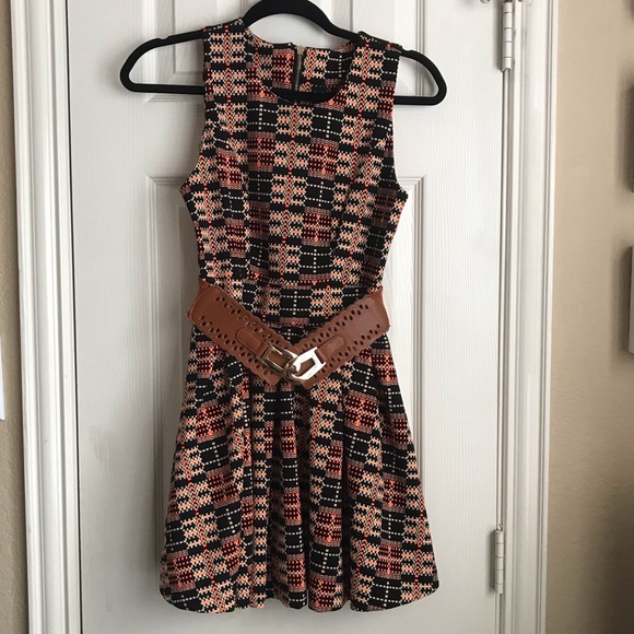 Sleeveless Black Orange Plaid A-Line Dress w Brown Belt - Picture 2 of 6